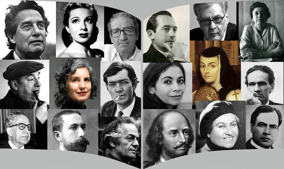 Collage de retratos de destacados escritores de la literatura hispanoamericana, incluyendo figuras reconocidas como Gabriel García Márquez y Sor Juana Inés de la Cruz.
